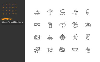 set of summer thin line icons perfect pixel 64x64, beach, sea, vacation