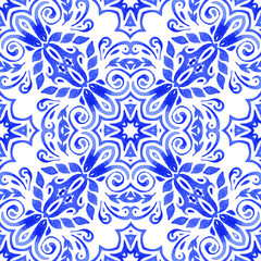 Abstract hand drawn watercolor tile seamless ornamental pattern. Elegant mandala star for fabric and wallpapers