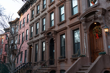 Row of Beautiful Old Brownstone Homes in Prospect Heights of Brooklyn New York with a Christmas Wreath