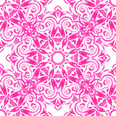 Fototapeta na wymiar Pink seamless ornamental watercolor arabesque paint tile pattern for fabric and ceramics