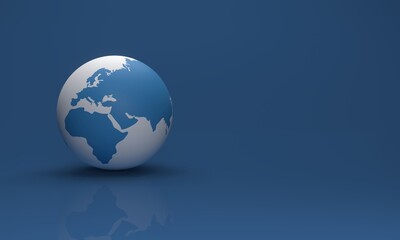Stylized image of the planet Earth with reflection in the floor in blue and white colors on a blank blue background. 3d rendering