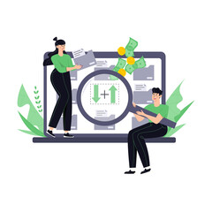 Woman earn money by uploading documents to the cloud. Man holding big loupe to see upload files and download dollars process. Files transfer concept, make money online by working with documentation.