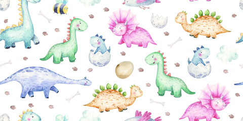 seamless pattern with cute baby dinosaurs, illustration