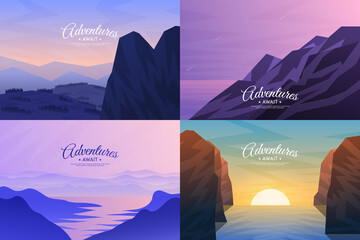 A set of mountain vector landscapes in a flat style. Minimalist natural wallpaper. Polygonal concept. Mountains near water, sunset scene, meadow and rock. Design for web page, website template