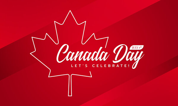 canada day, let's celebrate text and white line maple leaf sign on red background vector design