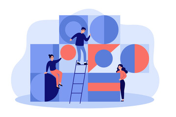 Team of young people arranging abstract geometric figures. Flat vector illustration. Cartoon people characters holding together triangle, round, square shapes. Business, teamwork, organization concept