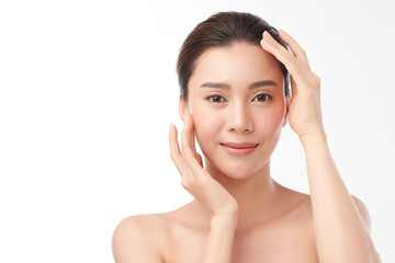 Naklejka premium Beautiful young asian woman with clean fresh skin on white background, Face care, Facial treatment, Cosmetology, beauty and spa, Asian women portrait
