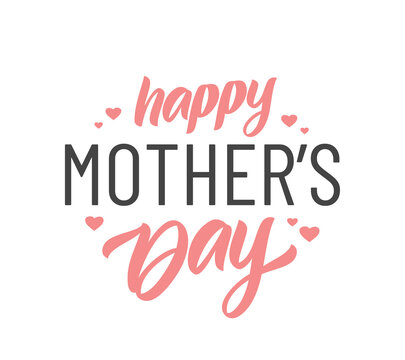 Vector illustration: Calligraphic Lettering composition of Happy Mother's Day with pink hearts on white background