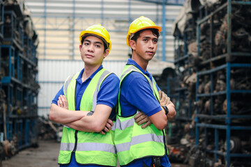 Portrait of two industrial engineer workers man wearing helmet with arms crossed, standing at manufacturing plant factory with many engine parts as blurred background