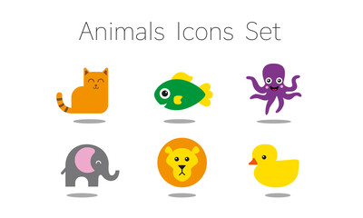 Animals icons set, including cat, fish, octopus, elephant, lion and duck, isolated on white background