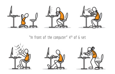 Vector set of humor cartoon man in front of a computer in different attitudes and poses. Print illustration.