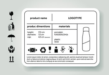 Product description sticker. Dimension and material descriptor. Cargo label. Shipping icons. Package brand depiction. Industrial design specification. Vector illustration mockup.