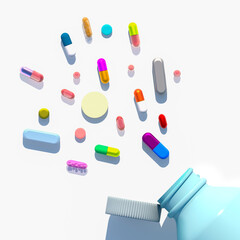Assorted pharmaceutical medicine pills, tablets, capsules. White medicine bottle. Copy space for text on a white background. Pills, various medicines, on prescription. 3d render