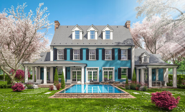 3d Rendering Of Modern Cozy Classic House In Colonial Style With Garage And Pool For Sale Or Rent With Beautiful Landscaping Fresh Spring Day With A Blooming Trees With Flowers Of Sakura On Backgraund