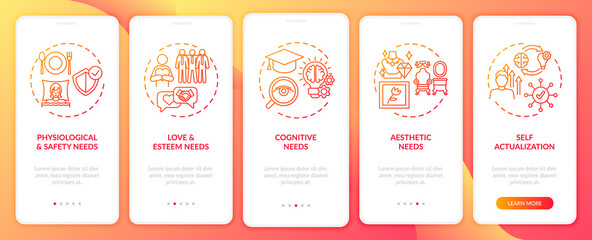 Human being needs red onboarding mobile app page screen with concepts. Self-actualization walkthrough 5 steps graphic instructions. UI, UX, GUI vector template with linear color illustrations