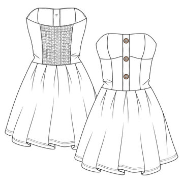 Women Mini Tube Bandeau Dress flat sketch fashion template. Girls
