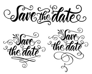Vector calligraphy hand drawn lettering phrase Save the Date. For wedding event. Decorated phrase with swirl lines. Vector illustration Print.