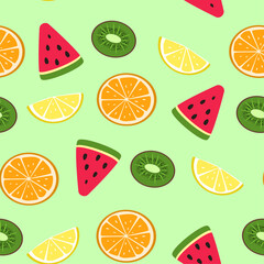 Seamless fruit pattern with lemon, orange, watermelon, kiwi. Vector spring background. Original texture for textile, fabric, wallpaper, apparel clothing, poster, postcard, banner
