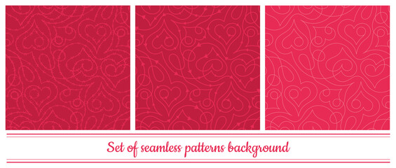 Vector set of seamless heart patterns. Different backgrounds, red and pink shades. Line art. Suitable for Valentine's day. Vector illustration
