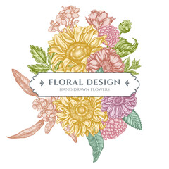 Floral bouquet design with pastel poppy flower, gerbera, sunflower, milkweed, dahlia, veronica