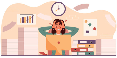 Exasperated woman in the workplace sits among a pile of papers and folders. The concept of professional burnout, overwork at work. Businesswoman with a headache. Vector illustration