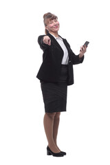 Business woman texting on her cell phone - isolated over a white background