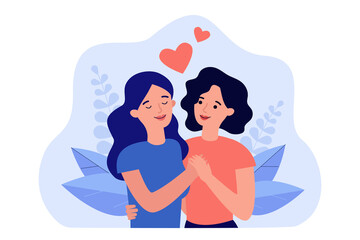 Couple of young women lovers. Portrait of lgpt lesbian girls flirting. .Romantic relationship, homosexuality, passion and love flat vector colorful illustration