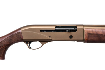 Modern semi-automatic shotgun with a wooden butt isolate on a white background. Weapons for...