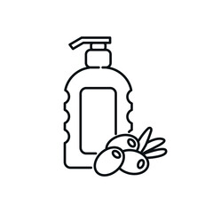 Body lotion with olive oil linear icon. Natural cosmetics and Make up. Thin line customizable illustration. Contour symbol. Vector isolated outline drawing. Editable stroke