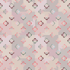 Abstract geometric seamless vector pattern with stylised big and little flowers on chessboard in retro style. Pastel decorative floral grid texture for wallpaper, interior textiles and fashion.