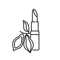 lipstick with cocoa oil linear icon. Natural cosmetics and Make up. Thin line customizable illustration. Contour symbol. Vector isolated outline drawing. Editable stroke