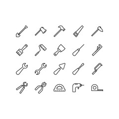 Construction tools icon set. Outline signs plumbing work, repair, construction buildings. Hammer, screwdriver, saw, spanner. Vector icon. Editable Strokes