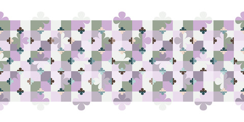 Abstract geometric seamless vector pattern Border with stylised big and little flowers on chessboard in retro style. Colourful decorative floral grid texture for interior textiles and fashion.