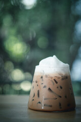 Ice cold Mocha coffee In glass, refreshing summer drink.