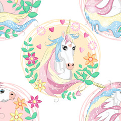 Obraz na płótnie Canvas Doodle unicorn pattern for textile design. Animal cartoon. Ditsy print. Trendy seamless pattern. Fabric pattern.