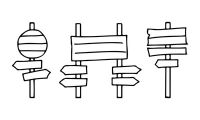 A set of road signs with plates and arrows pointing in different directions. Vector illustration hand-drawn in black outline on a white background in doodle style.