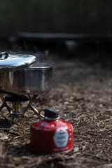 Cooking in a pot in the forest.