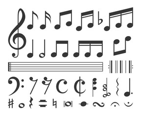 Music note. Vector icon set of music notes for musical apps, websites isolated on white background. Black silhouette musical key signs for song, melody, tune, instrumental scores.Musical notation note - obrazy, fototapety, plakaty