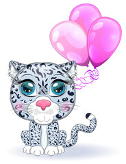 Cartoon snow leopard with expressive eyes among flowers, hearts, decorative elements. Wild animals, character, childish cute style.