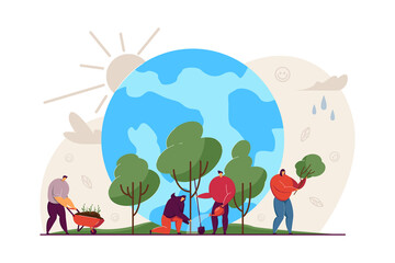 Tiny people growing trees together. Reforestation, protection of planet flat vector illustration. Reforestation, environmental agriculture concept for banner, website design or landing web page
