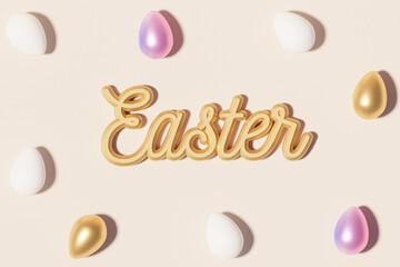 Golden metallic shiny typography Easter on beige background near to painted eggs. Top view, 3d illustration render