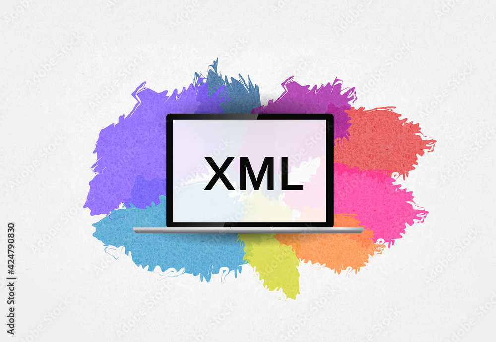 Aufkleber extensible markup language. word xml on laptop and colorful background