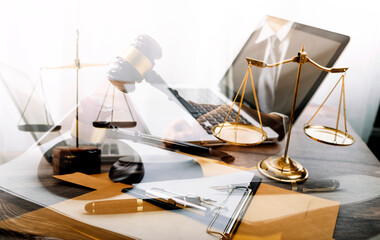 Business and lawyers discussing contract papers with brass scale on desk in office. Law, legal...