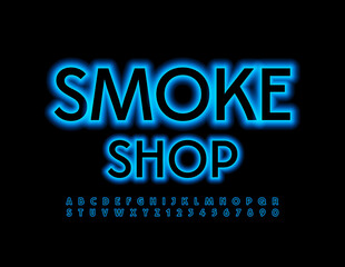 Vector modern logo Smoke Shop. Blue Neon Font. Glowing set of Alphabet Letters and Numbers