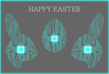 Happy easter. Abstract rabbit. Rabbit in the form of an electronic circuit. Vector rabbit.Abstract egg. Egg in an electronic circuit. Vector illustration.