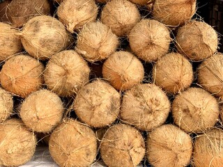 Heap of peeled brown coconut cocos nucifera kept for sale. Coconut fruits kept for sale in the market. Coconut fruits arranged in the market stall for sale.