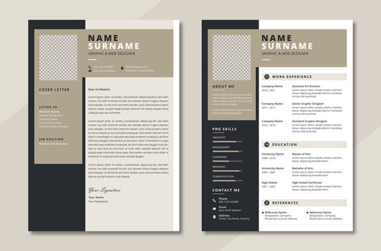 Modern & minimalist resume or cv template design. Professional cv & cover letter with creative graphic background. Elegant corporate business portfolio, cv or document layout for job application.