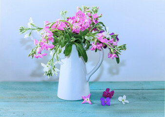 Spring Flowers In A Vase. Bouquet of white and pink Phlox mini pearl . Turquoise Wooden surface. Stock Image.