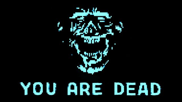 Scary laughing skull. Evil demon face of dark. You are dead phrase. Flashing inscription on game splash screen. 2D animation in horror genre. Creepy animated backdrop movie. Motion graphics VJ loops.