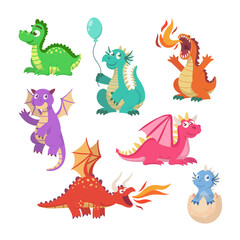 Cartoon fairytale dragons vector illustrations set. Collection of cute flying dragons, dinosaurs, fire breathing monsters with wings isolated on white background. Fairytale for kids, magical concept